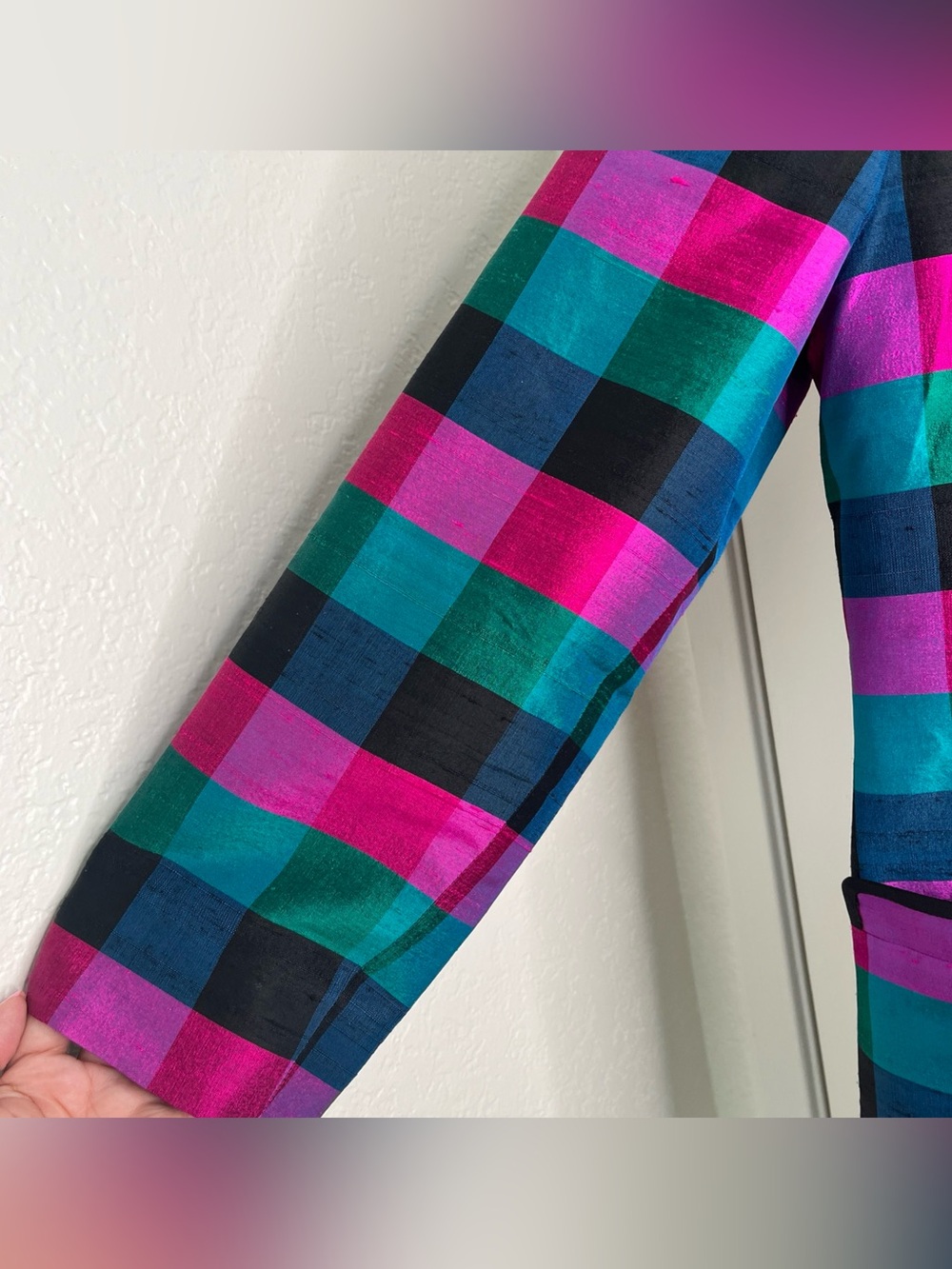 Thomson 100% Silk Jewel Toned Plaid Jacket Size XL 80s Colorblock Grandmillenial - Picture 5 of 16